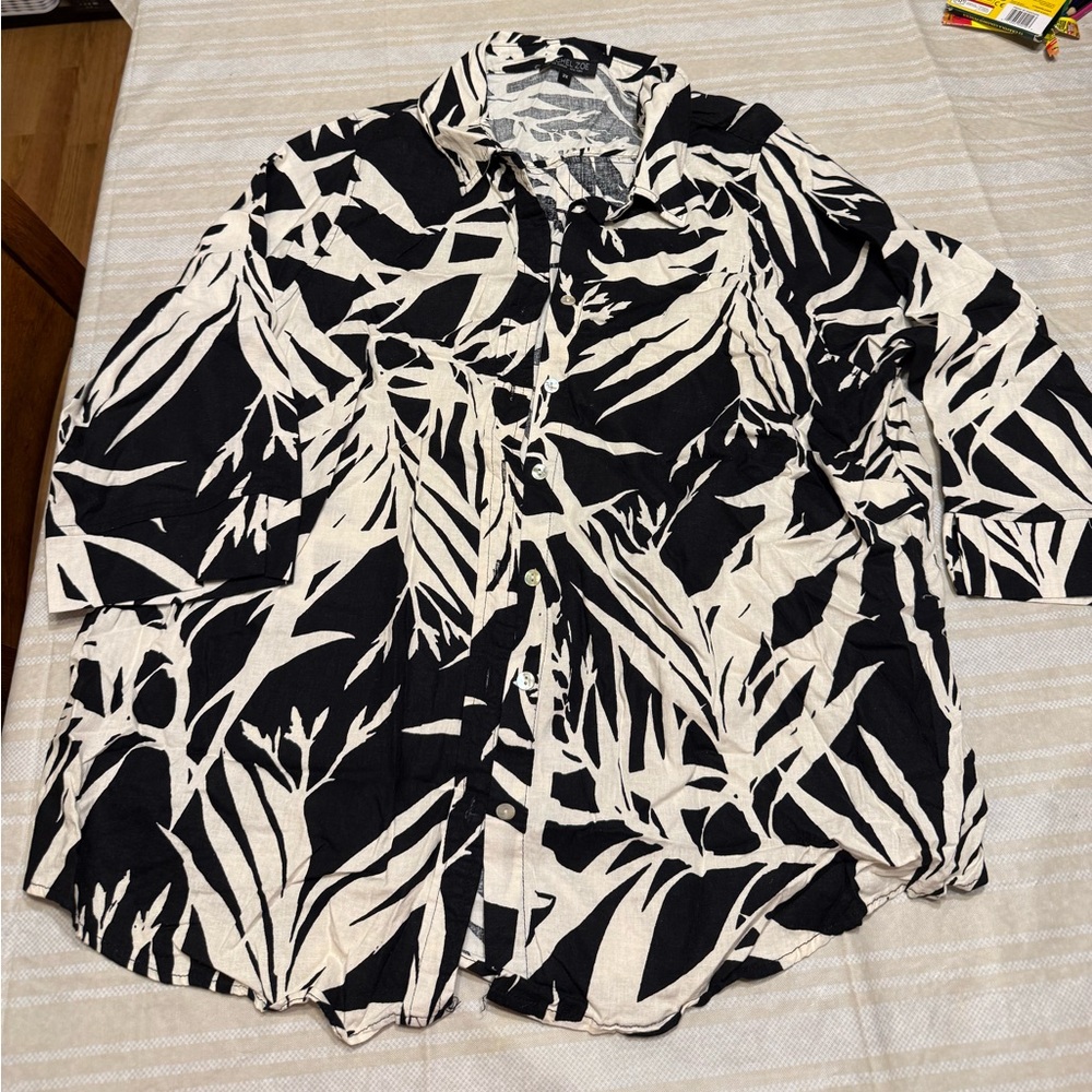 Rachel Zoe Black and Cream Leaf Print Button Down Shirt